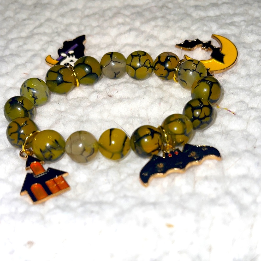 Halloween Charm Bracelet for Kids - Yellow and Black dragon vein agate stone